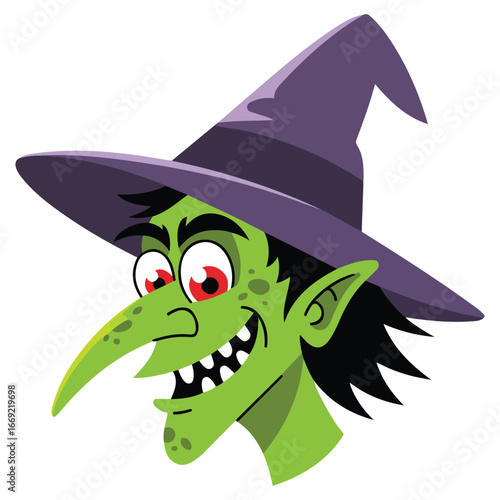 Scary Halloween witch with tall hat green skin vector illustration on white background