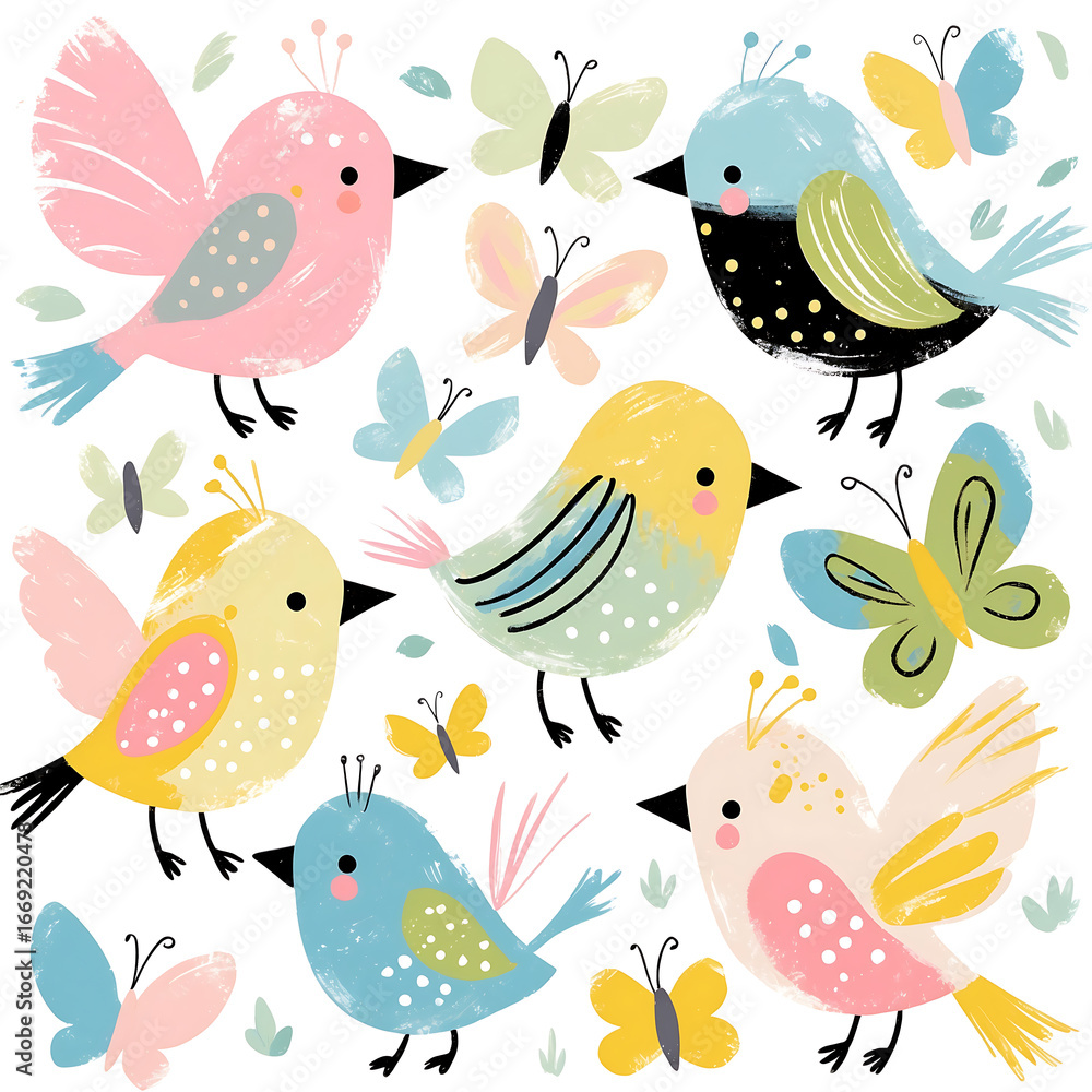 Fototapeta premium Adorable hand-painted birds and butterflies in a playful pastel color palette