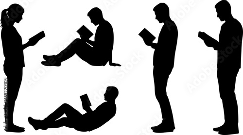 Silhouettes of four people reading books in different poses against a white background isolated image | editable eps vectors

