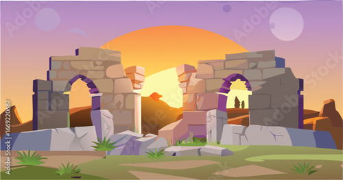 Ancient ruins silhouetted against a vibrant sunset, with the sun setting in the background.