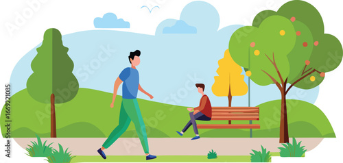 A man and a boy stroll together through a lush green park, enjoying a sunny day outdoors.