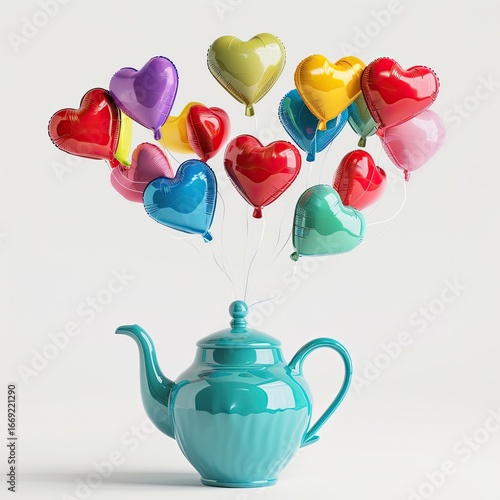 Heart-shaped balloons lift a teal ceramic teapot on a white background with soft shadows