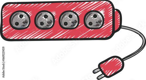 A red power strip with four sockets and a cord, designed for multiple electrical connections.
