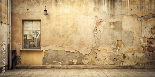 A weathered wall with exposed brick, a single window, and a hanging lamp, offering a vintage, aged aesthetic for design projects