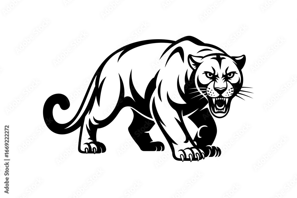 Obraz premium Growling Mountain Lion Silhouette Illustration in Black EPS Vector Format, Crouching Big Cat Design for Wildlife Art, Logos, Outdoor Branding, Nature Prints, and Predator Icons