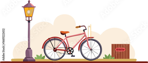 A bicycle is parked beside a lamp post on a city street.