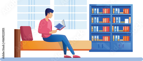 Man reading a book in a library, surrounded by shelves filled with books, in a flat vector illustration style.