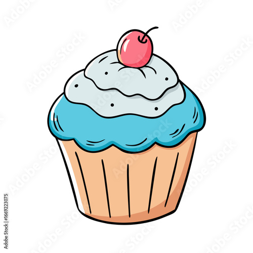 Cartoon style cupcake with white and blue frosting topped with cherry