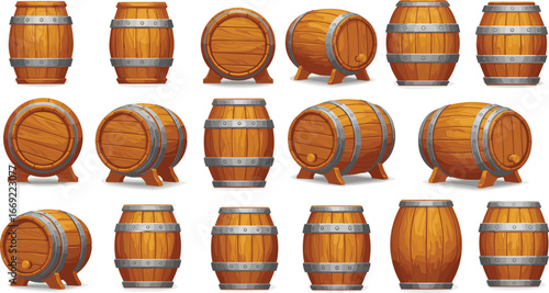 Wooden barrels set, realistic oak barrels vector, beer wine storage casks, vintage rustic container icons, isolated on white background