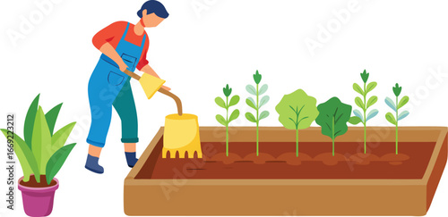 Vector illustration of a woman gardener using a shovel to plant in a vibrant garden.
