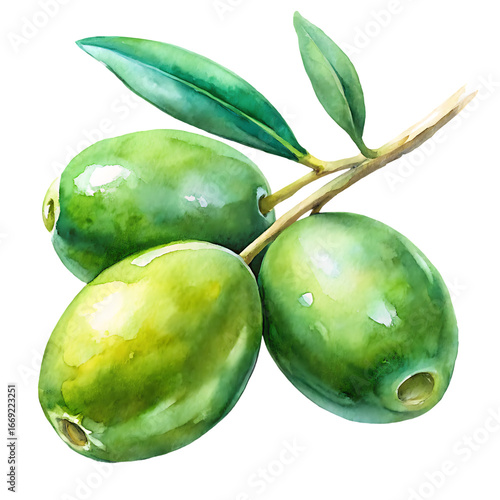 Fresh green olives on a branch isolated on transparent background