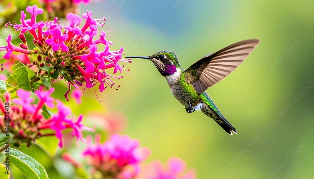 Fototapeta premium A hummingbird in flight, feeding from vibrant pink flowers