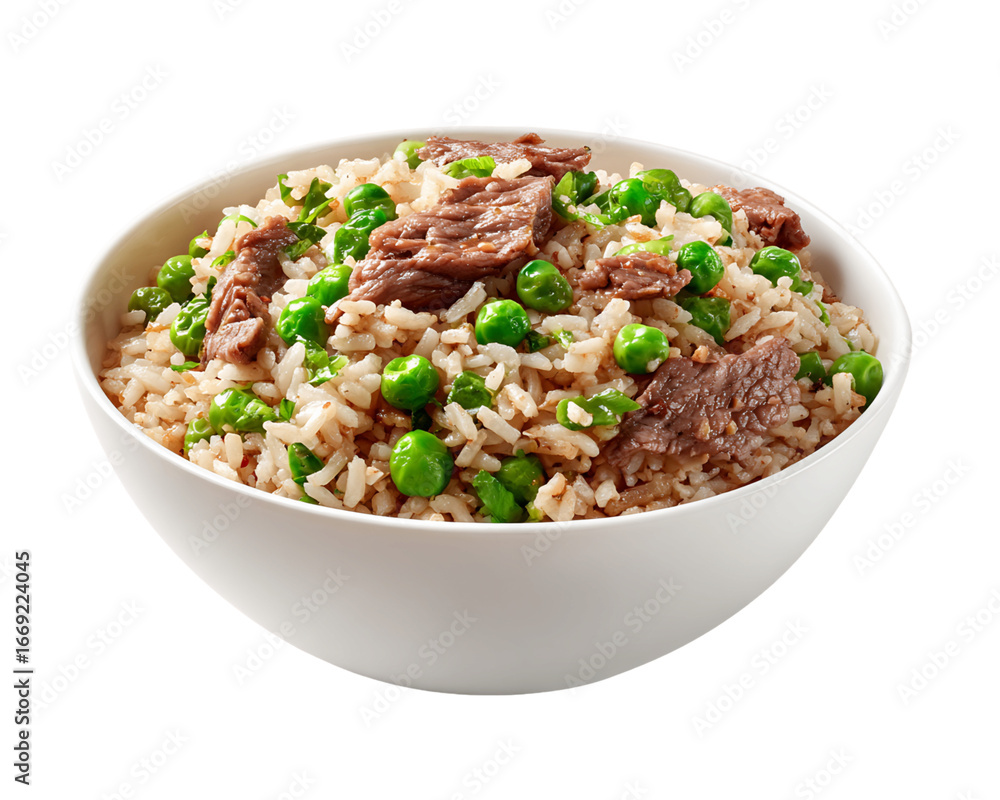 Beef and Pea Fried Rice in a White Bowl on a Transparent Background, PNG Beef and Pea Fried Rice in a White Bowl on a Transparent Background, PNG