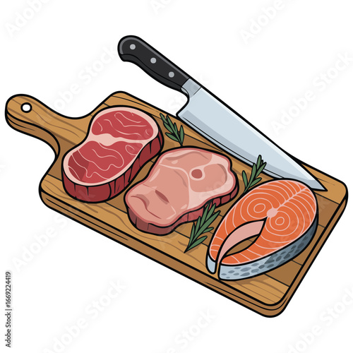 Fresh raw beef steak chicken leg salmon steaks with knife vector illustration on white background