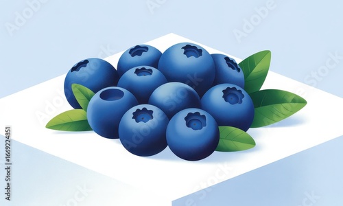 A digital illustration of a pile of plump, juicy blueberries nestled on a small white square, adorned with vibrant green leaves, set against a soft blue background.  