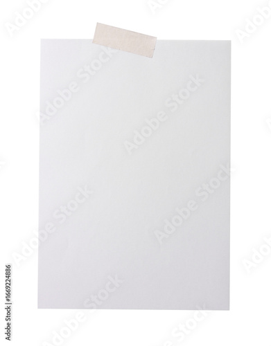 Empty paper for text . Post it note with paper on wall with Masking tape. paper A4 or A3 on white background. message announce in office.