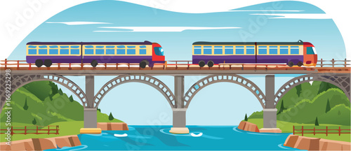 A train crosses a bridge over a river, showcasing the scenic landscape and engineering marvel of the structure.