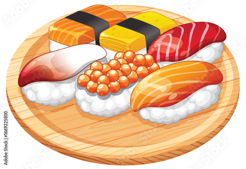Assorted Sushi Nigiri on Wooden Serving Plate