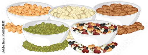 Assorted Legumes and Beans in White Ceramic Bowls