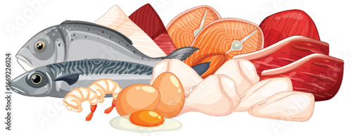Assorted Protein-Rich Foods in Vector Illustration