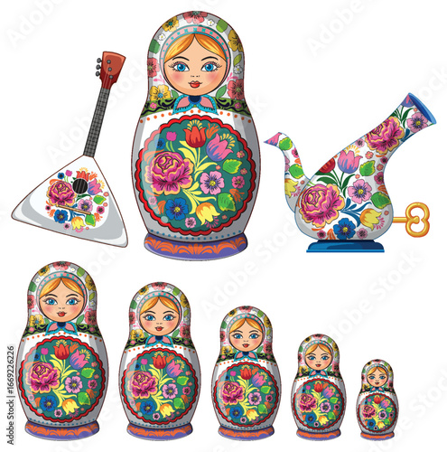 Traditional Russian Nesting Dolls with Folk Art Elements