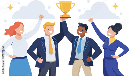 A group of business professionals proudly holding up a trophy in celebration of their achievement.