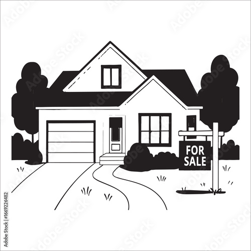 Charming Black and White House Illustration with For Sale Sign Ideal for Real Estate Marketing and Homeownership Concepts Depicting Suburban Living