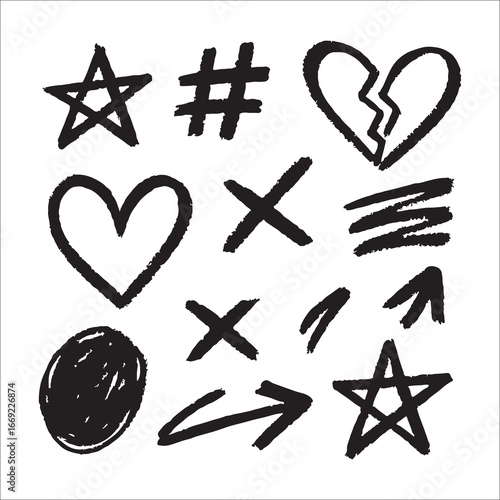 Hand Drawn Doodle Icon Collection with Star Heart Hashtag and Arrows for Design Elements and Creative Projects