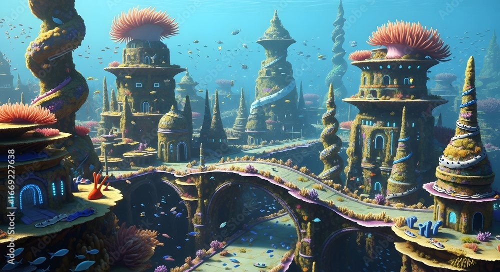 Obraz premium Discovering Fantastic Frontiers in an underwater utopian city, a stunning vision of a submerged coral metropolis and aquatic civilization
