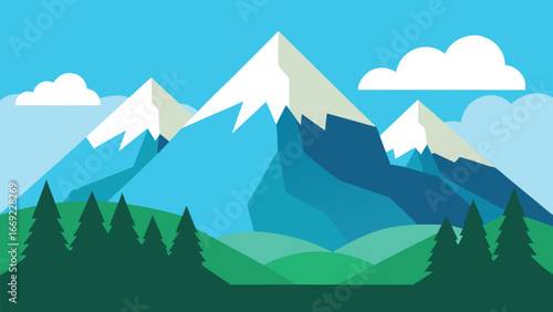 A scenic mountain landscape featuring lush trees and fluffy clouds in a clear blue sky.