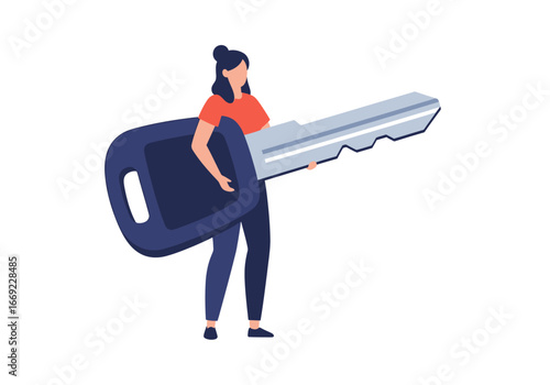 Cartoon Woman Holding Big Key Illustration