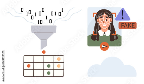 Data funnel filters binary digits into structured grids, AI scans face for fake detection with alert and cloud. Ideal for cybersecurity, AI ethics, deepfake detection, data analysis, digital fraud