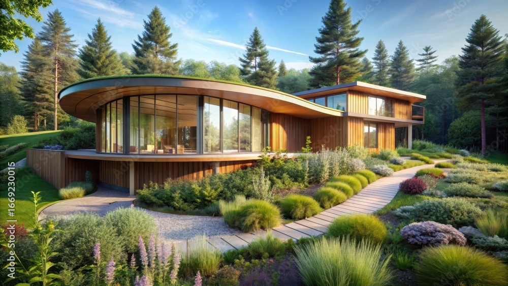 Obraz premium Modern Eco-Friendly House with Lush Greenery and Curving Design, Integrated into a Wooded Landscape