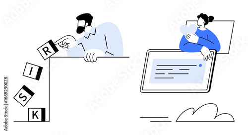 Person tipping risk blocks off the edge, another holding a heart icon over a tablet. Ideal for risk management, decision-making, innovation, technology, responsibility, digital safety, simple flat