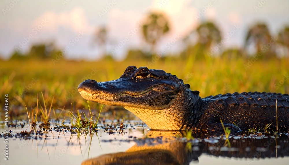 Obraz premium Alligator at Sunset in Marsh Habitat