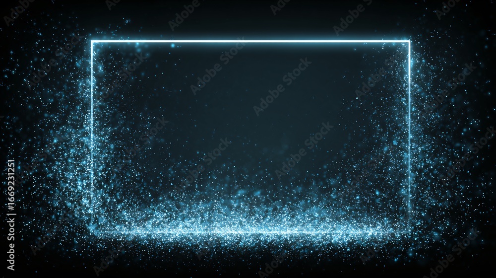 Obraz premium A glowing light-blue rectangle frame is surrounded by glittering particles, creating a vibrant and dynamic abstract backdrop.