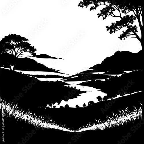 Silhouette landscape featuring a river flowing through mountainous terrain