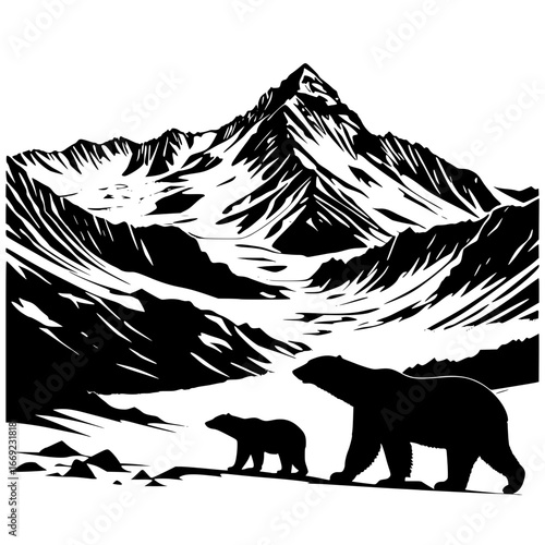 Silhouette of polar bears walking below a snowy mountain landscape