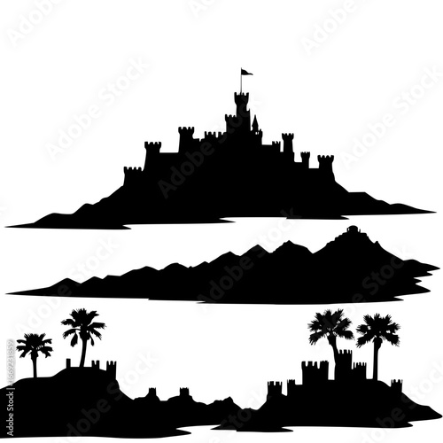 Black silhouettes of castles mountains and palm trees on white background