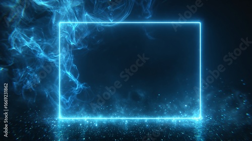 A glowing, vibrant blue neon rectangle frame, outlined against a dramatic backdrop of swirling smoke and illuminated particles, creating an intriguing and futuristic scene.