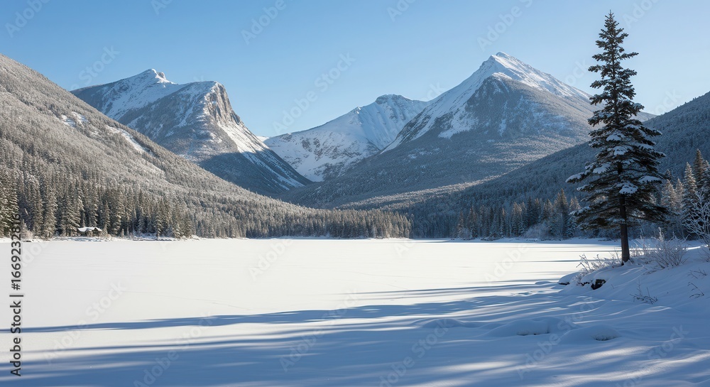 Obraz premium The bright blue sky contrasts with the white snow, highlighting the vastness and calmness of the cold winter landscape