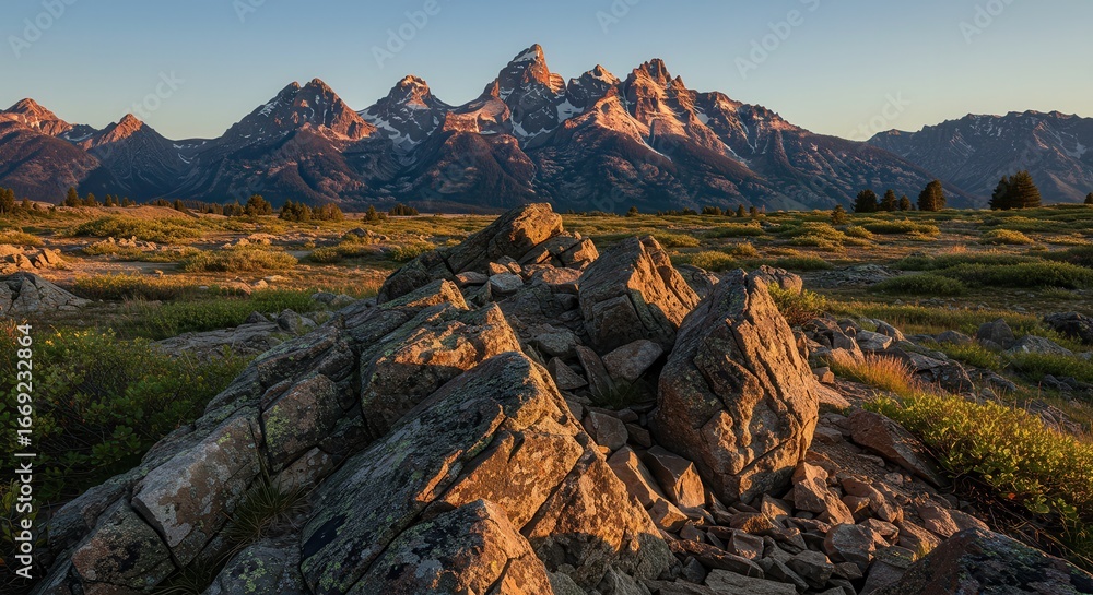 Obraz premium The contrast between the harsh rocks and the golden light creates a stunning visual of power and beauty, with patches of snow visible at higher elevations.