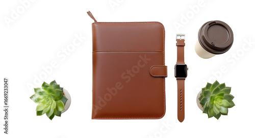 Flat lay composition of personal accessories and greenery on a white wooden surface