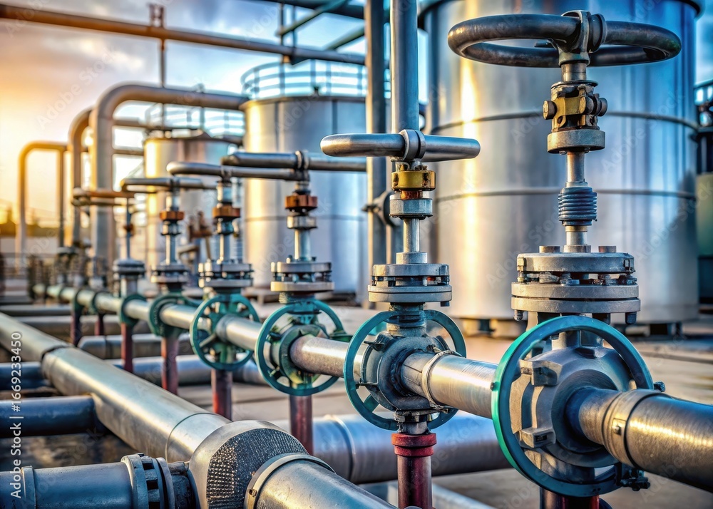 Obraz premium Close-up of industrial pipes and safety valves with chemical substances leaking from them