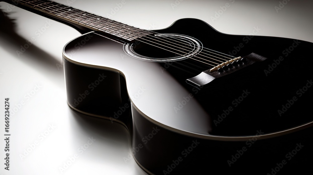 Fototapeta premium Elegant Acoustic Guitar on Minimalist White Background with Strings and Soundhole Details for Music Education and Creative Design