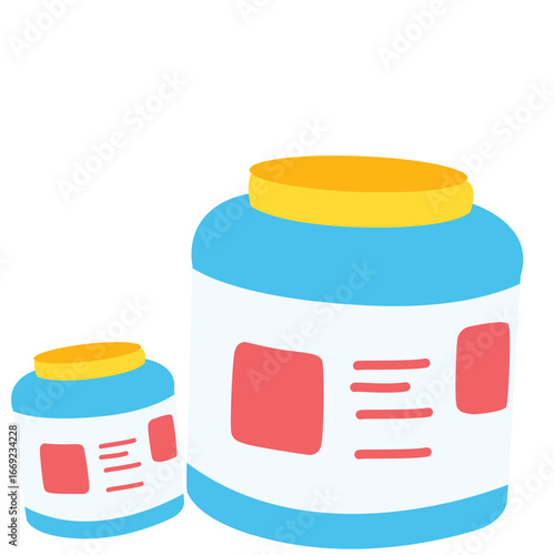 "Modern 2D flat illustration of nutrition supplement jars symbolizing health, wellness, protein, fitness, gym training, diet, energy, and sports lifestyle."
