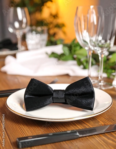 Black bow tie on a white plate, set on a wooden table among wine glasses and cutlery