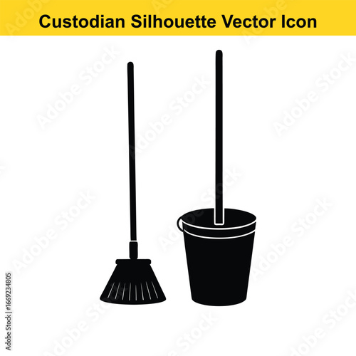 Black broom and bucket silhouette cleaning janitorial