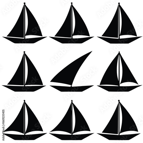 Black sailboat silhouettes on white sailing watercraft