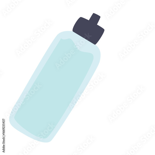 2d illustration of a blue plastic water bottle with dark cap, representing hydration, fitness, and healthy lifestyle, isolated on white background.